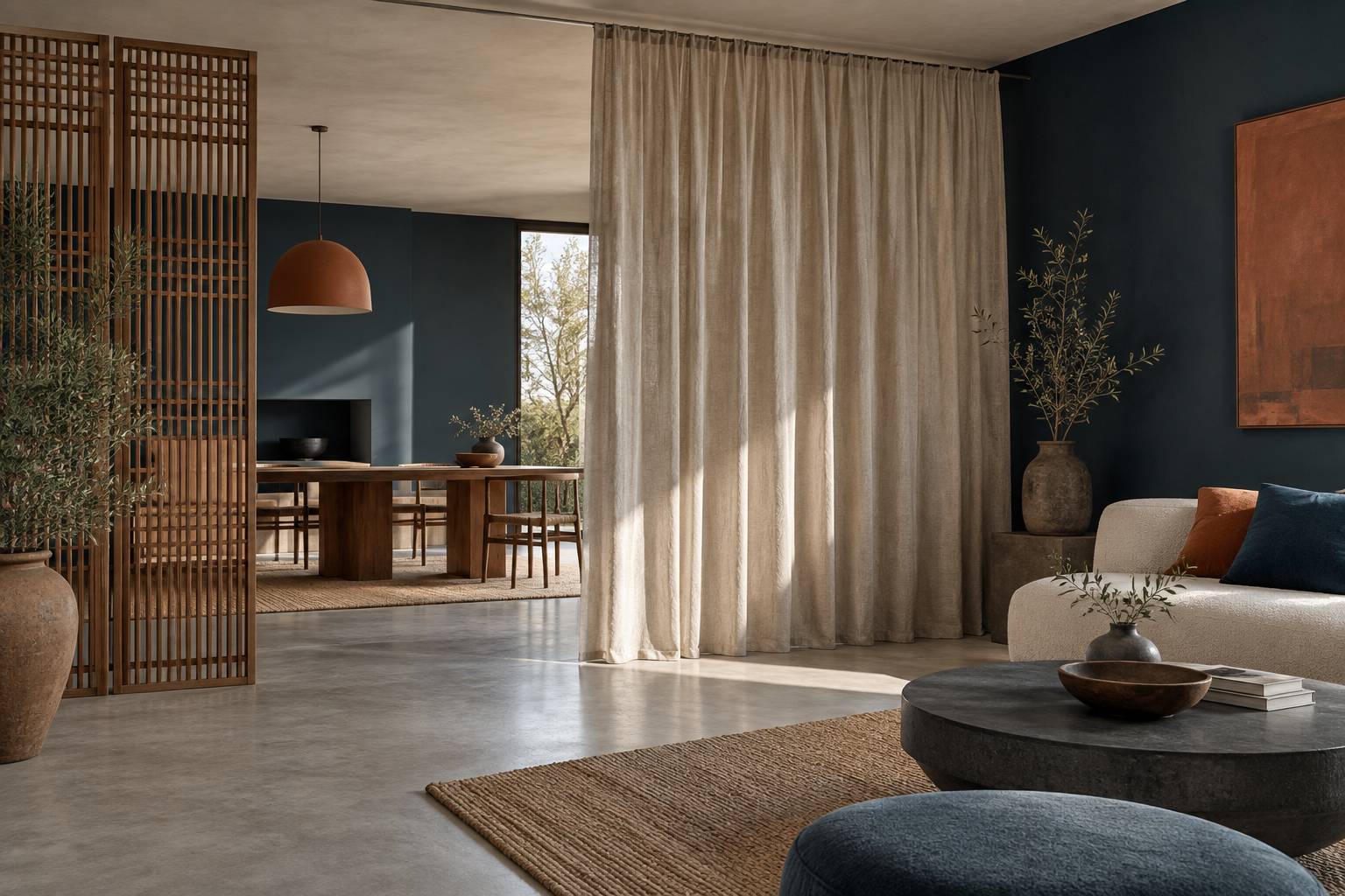 Rideau en lin beige et paravent en bois pour fermer un espace sans porte