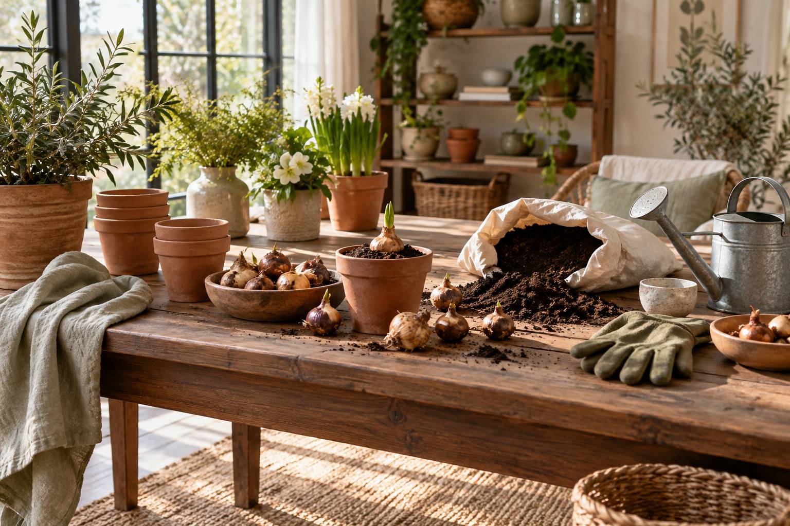 Pots en terre cuite, bulbes et gants de jardin sur une table de jardinage