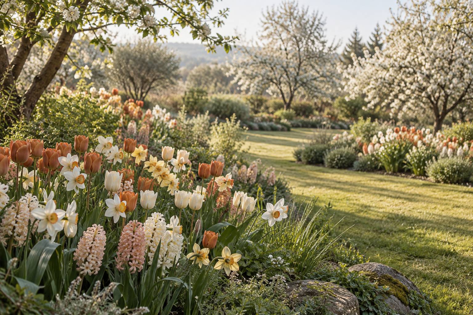 Massif printanier de tulipes, jonquilles et jacinthes en pleine floraison