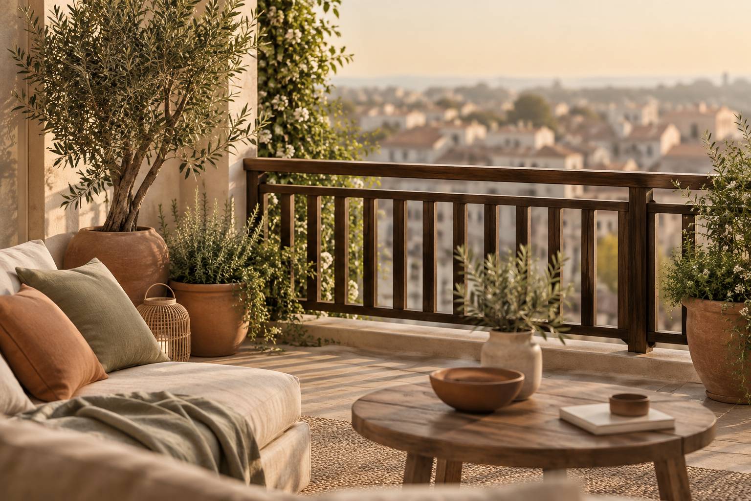 Garde-corps de terrasse avec plantes et vue sur les toits urbains