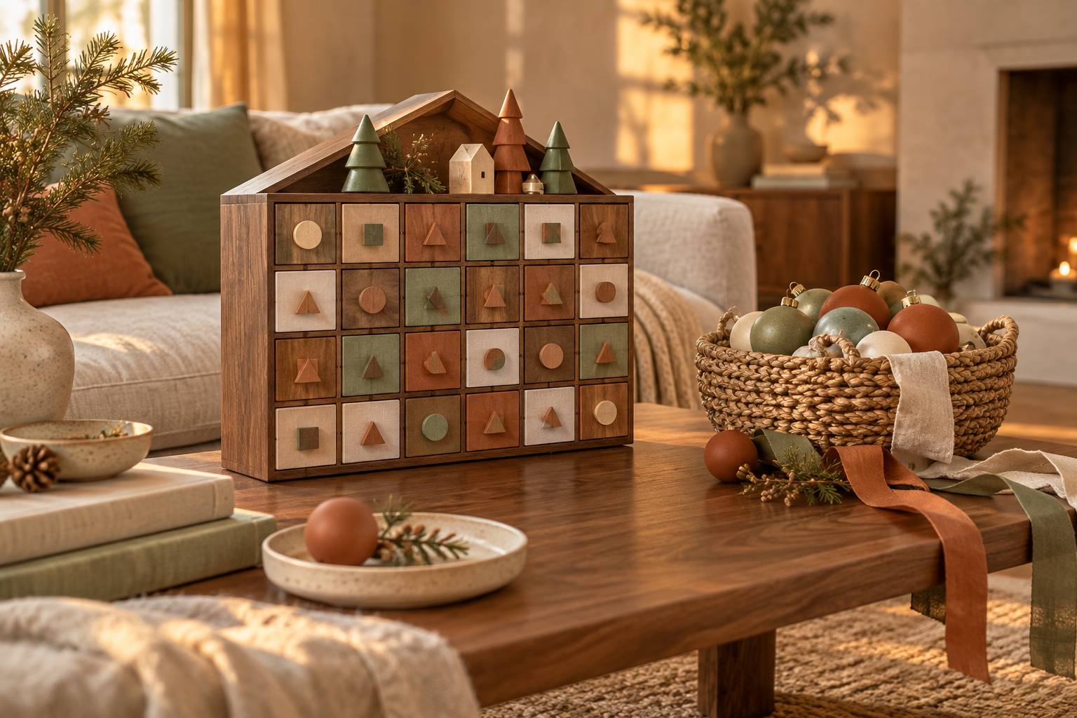 Gros plan sur un calendrier de l'Avent en bois et des boules de Noël