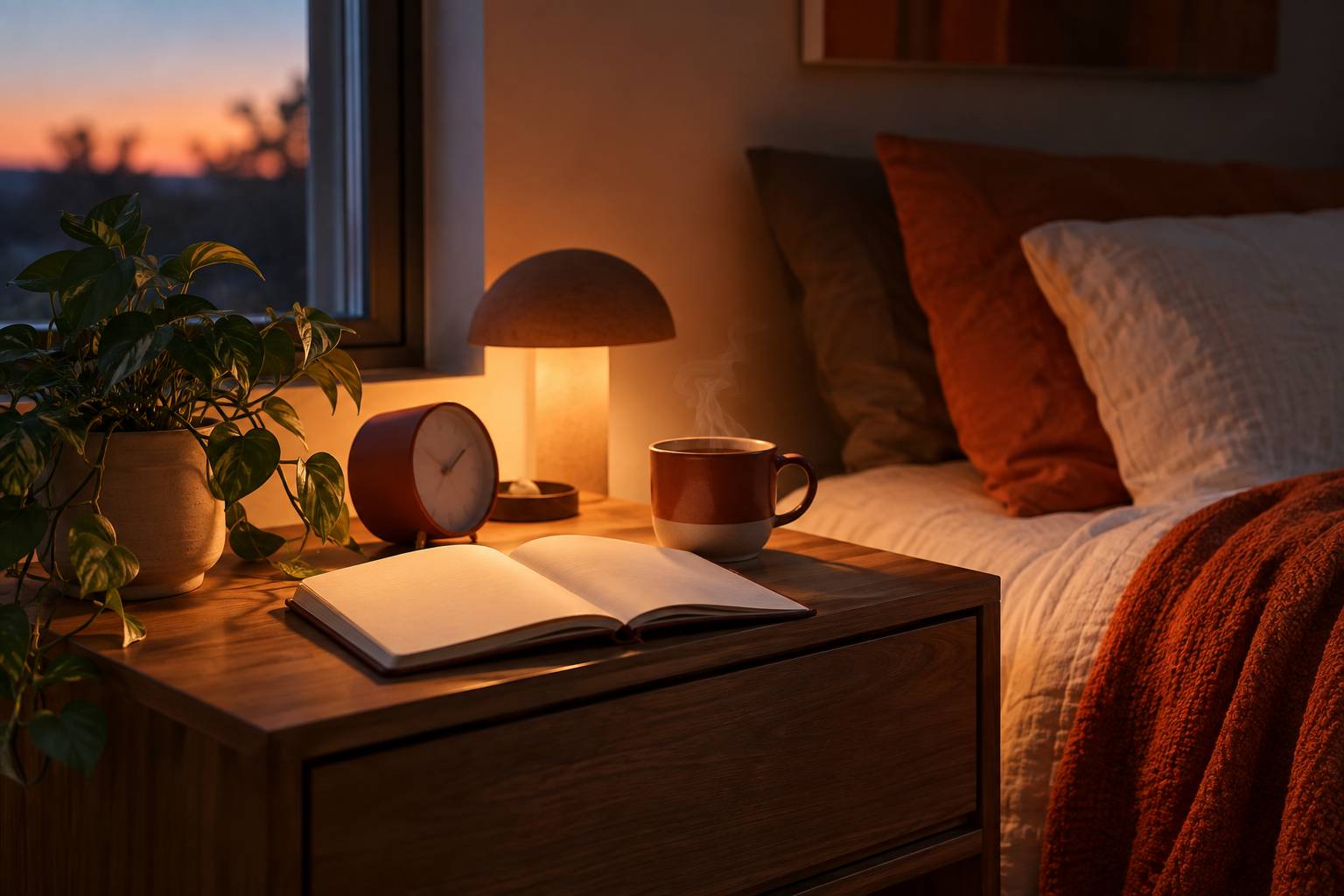 Table de chevet au crepuscule avec reveil et tisane