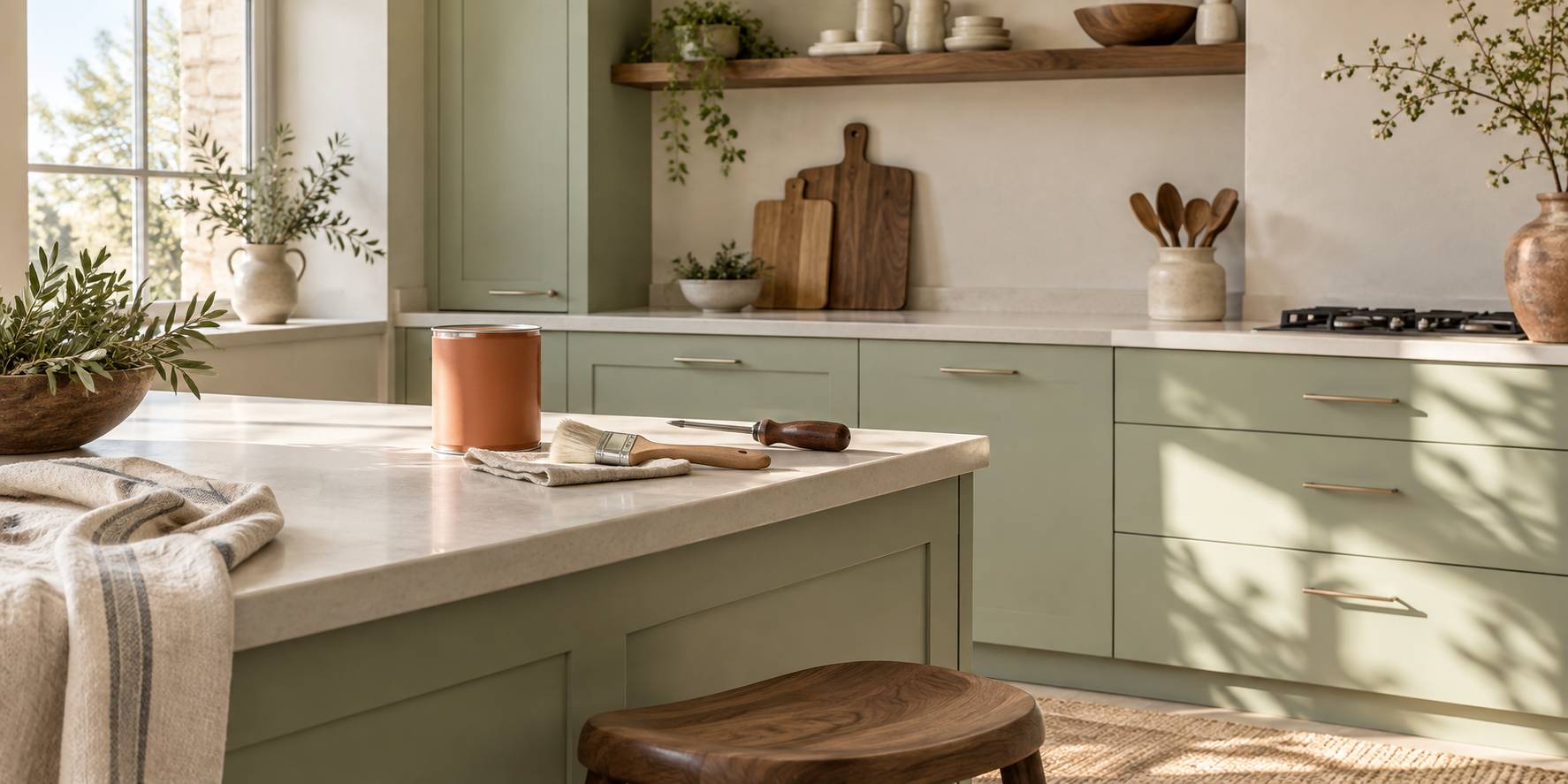 Cuisine moderne renovee avec facades peintes et poignees neuves