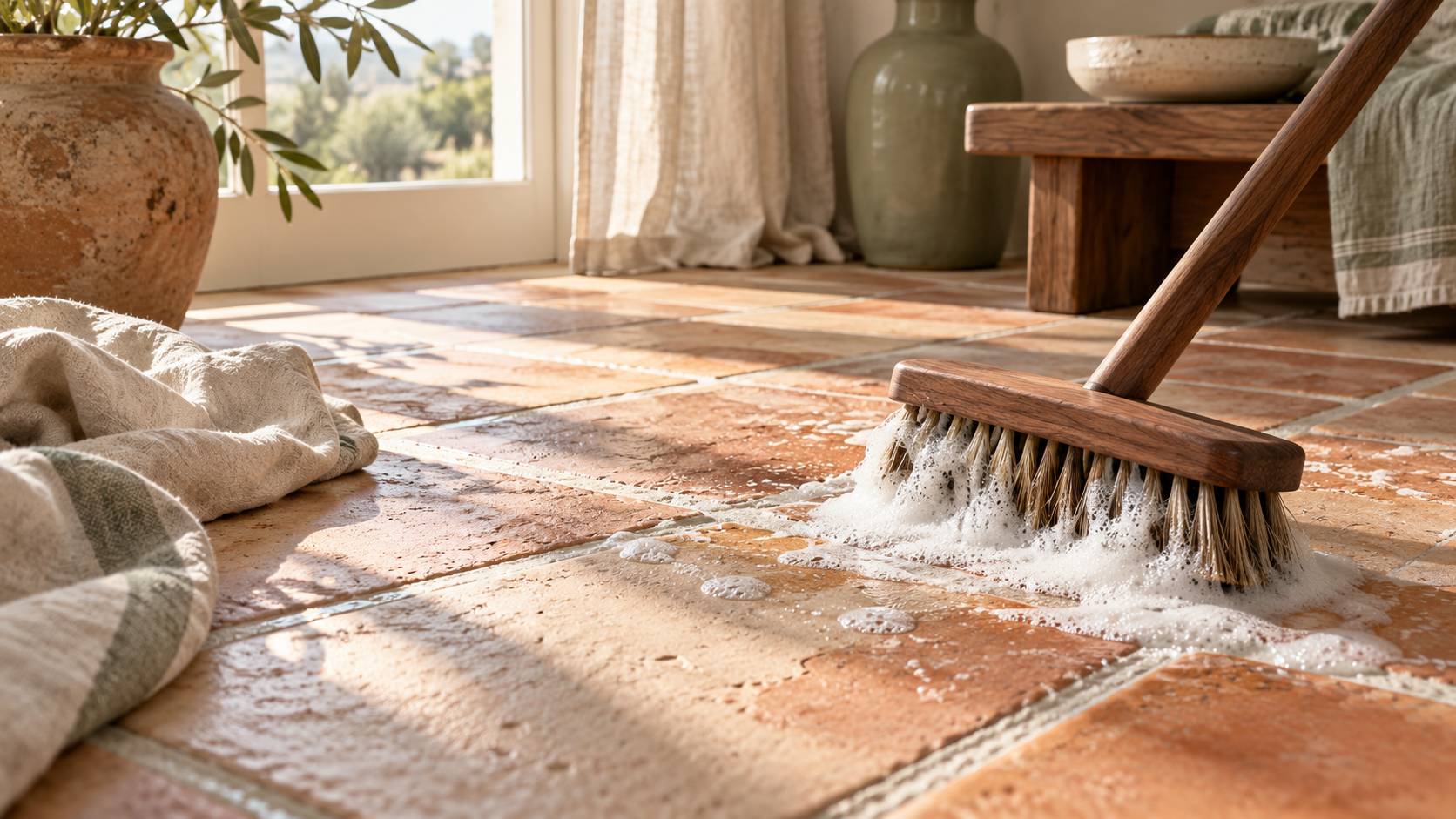 Joints de carrelage et brosse en bois avec mousse blanche
