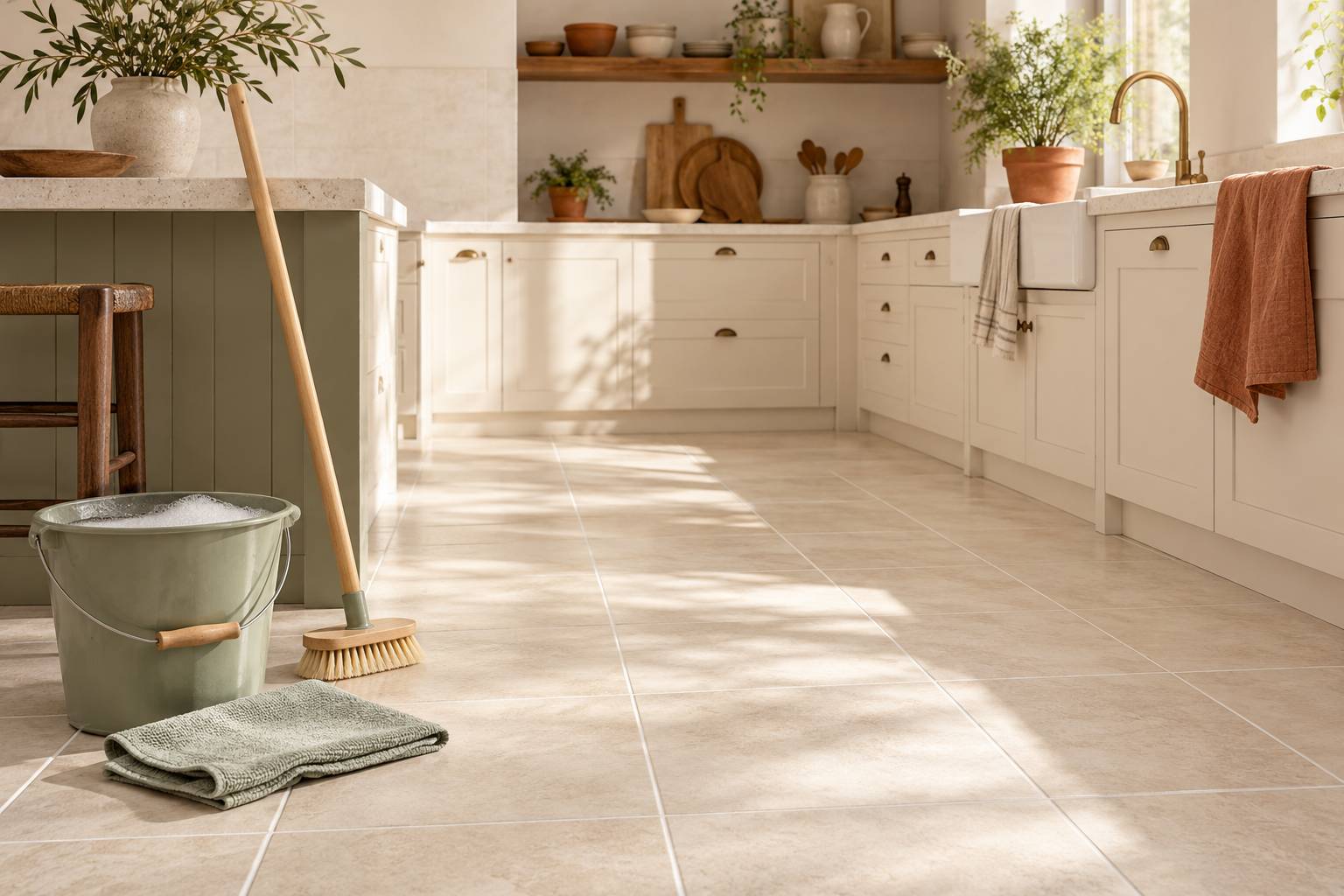 Carrelage clair aux joints nets avec brosse et seau d'eau