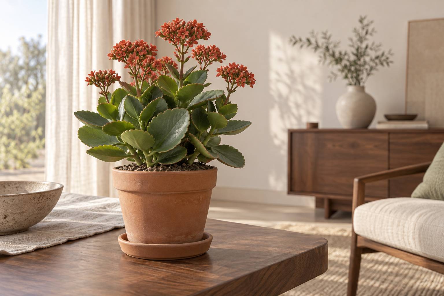 Vue rapprochee des feuilles charnues et des fleurs rouges d'un kalanchoe
