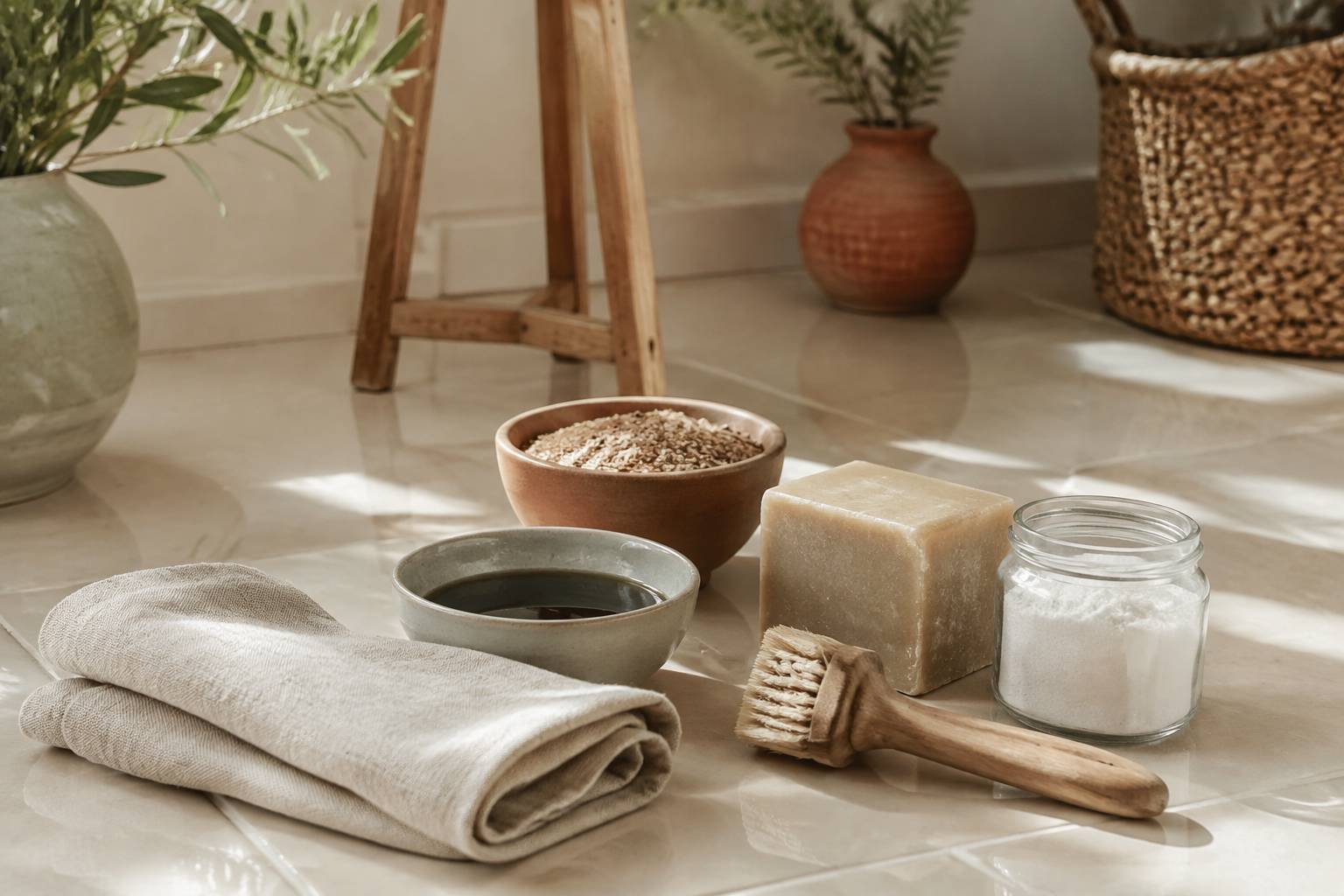 Savon noir, savon de Marseille et bicarbonate posés sur un carrelage propre et luisant