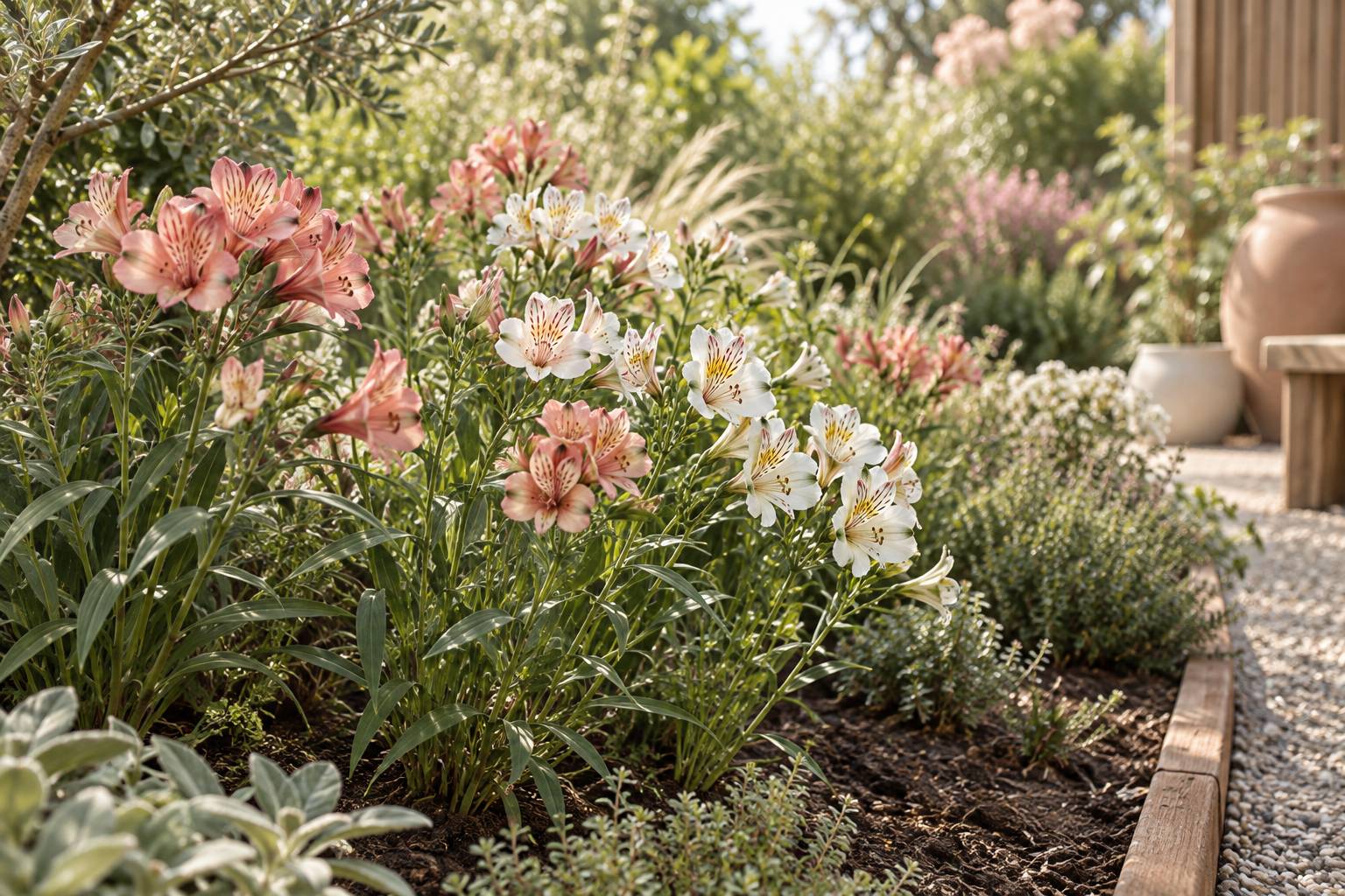 Massif d'alstroemeria rose et blanc en fleurs dans un jardin ensoleillé