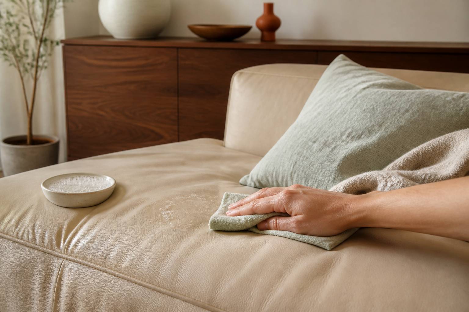 Main essuyant délicatement la surface d'un canapé en cuir avec un chiffon humide