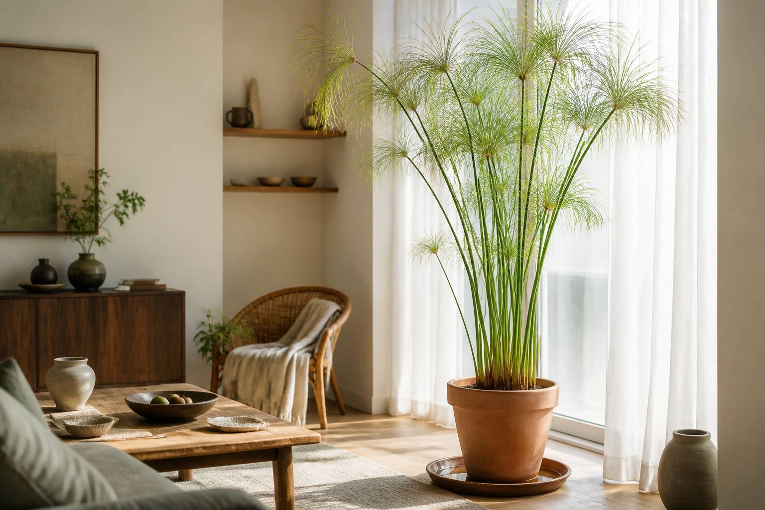 Papyrus du Nil en pot de terre cuite dans un salon lumineux et chaleureux