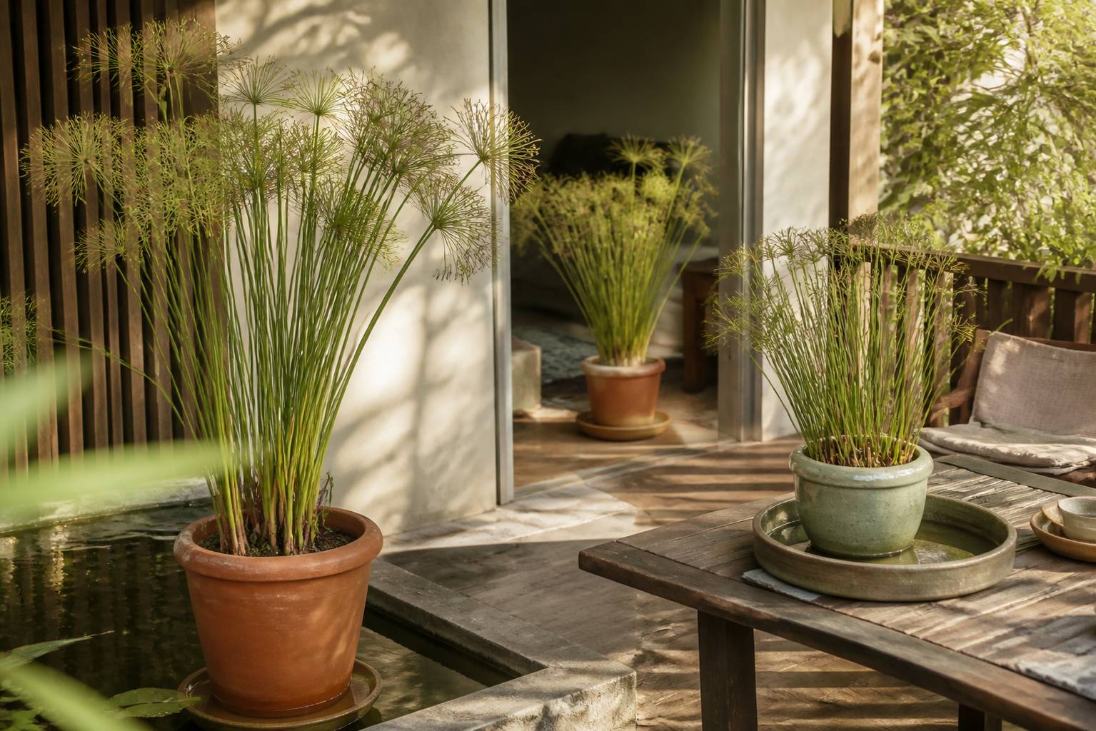 Papyrus de différentes tailles en pot près d'un bassin et sur un balcon ensoleillé