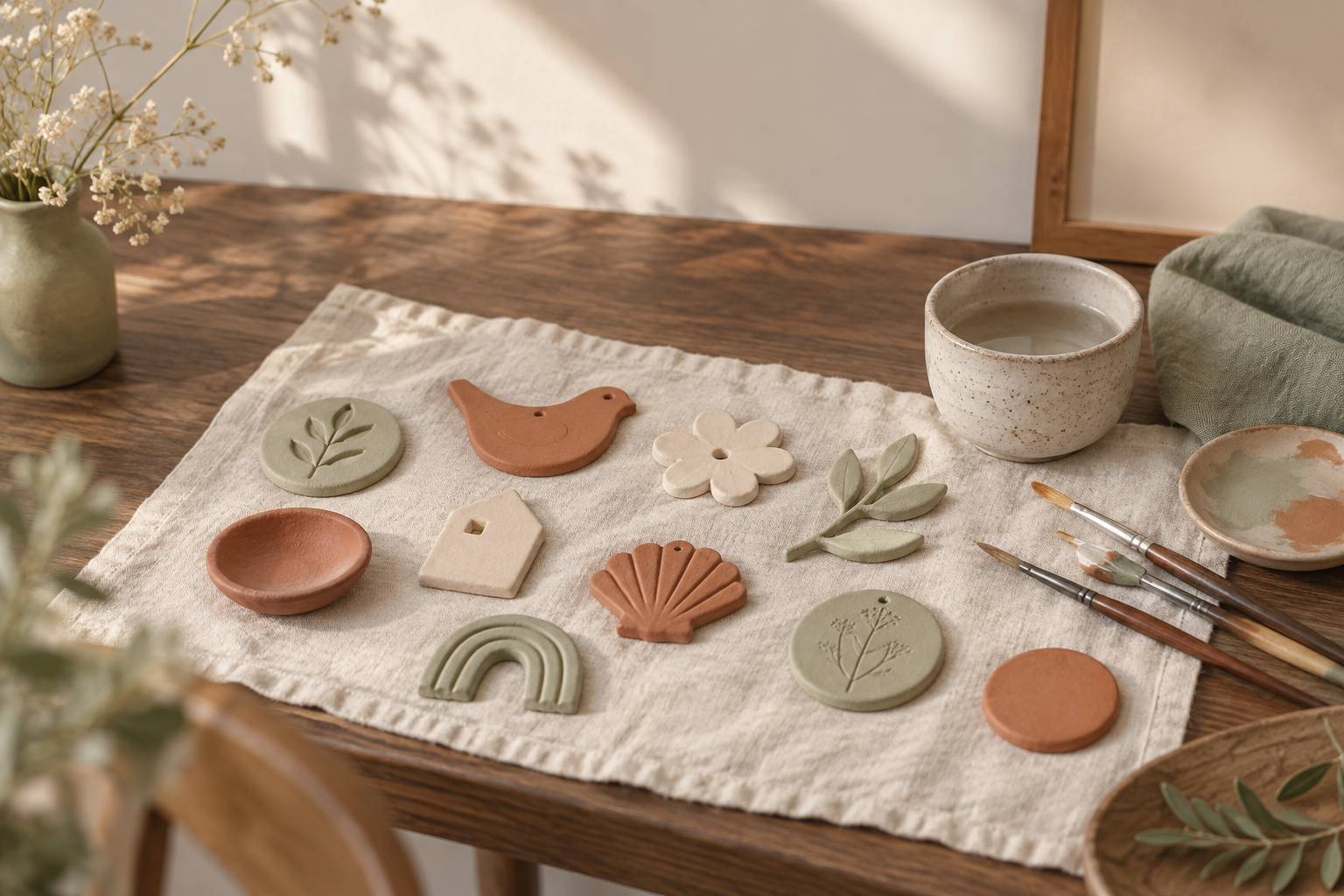 Formes de pate a sel sechees et peintes posees sur un linge clair