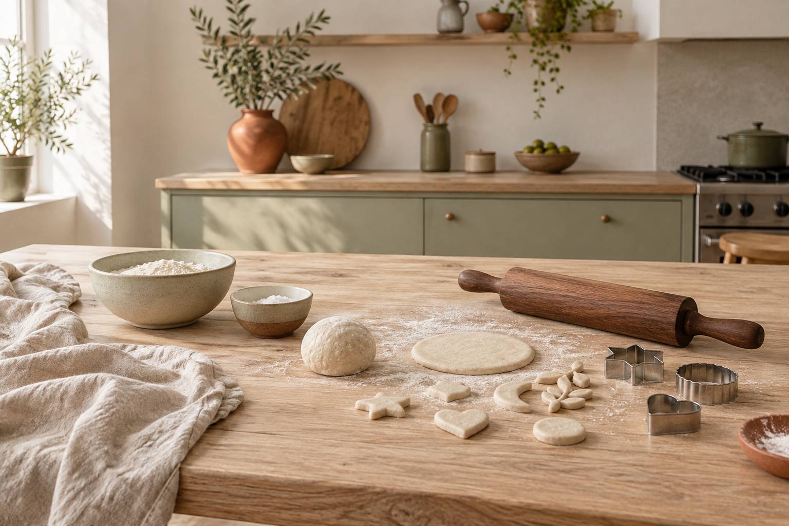 Table de cuisine avec pate a sel modelee, emporte-pieces et bols de farine
