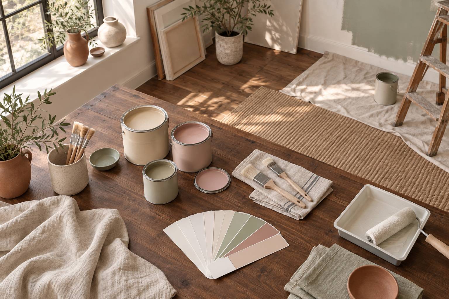 Pots de peinture aux teintes beige et rose poudre avec rouleaux et nuancier vierge
