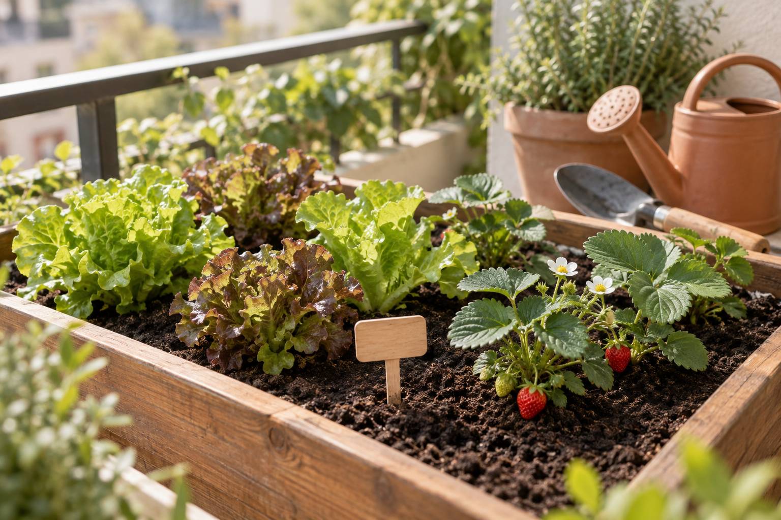 Jardinière en bois avec plants de salade et fraisier, pelle et arrosoir sur un balcon