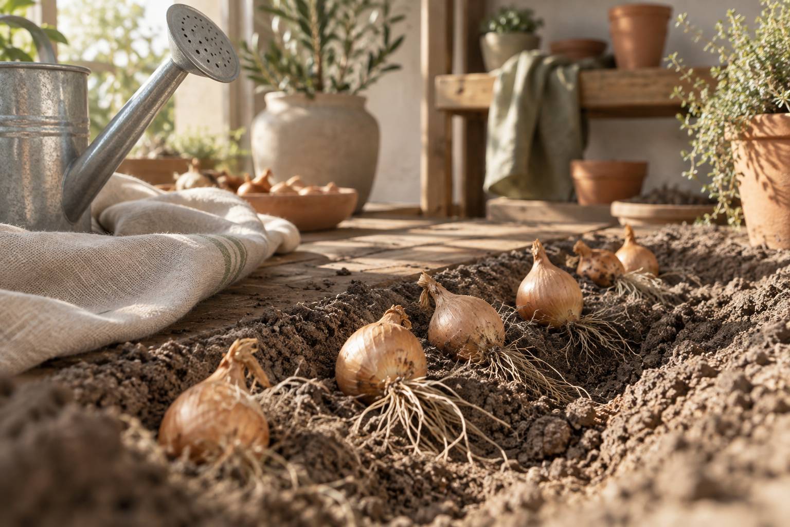 Bulbilles d'oignons dorees dans un sillon de terre claire avec arrosoir en zinc