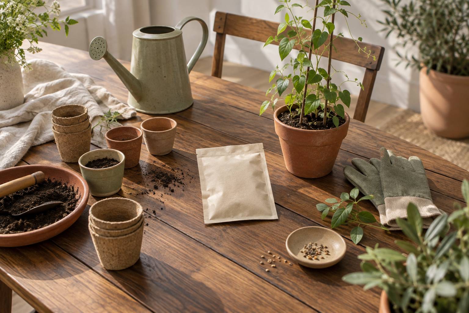 Godets de semis, sachet de graines et arrosoir sur une table de jardin
