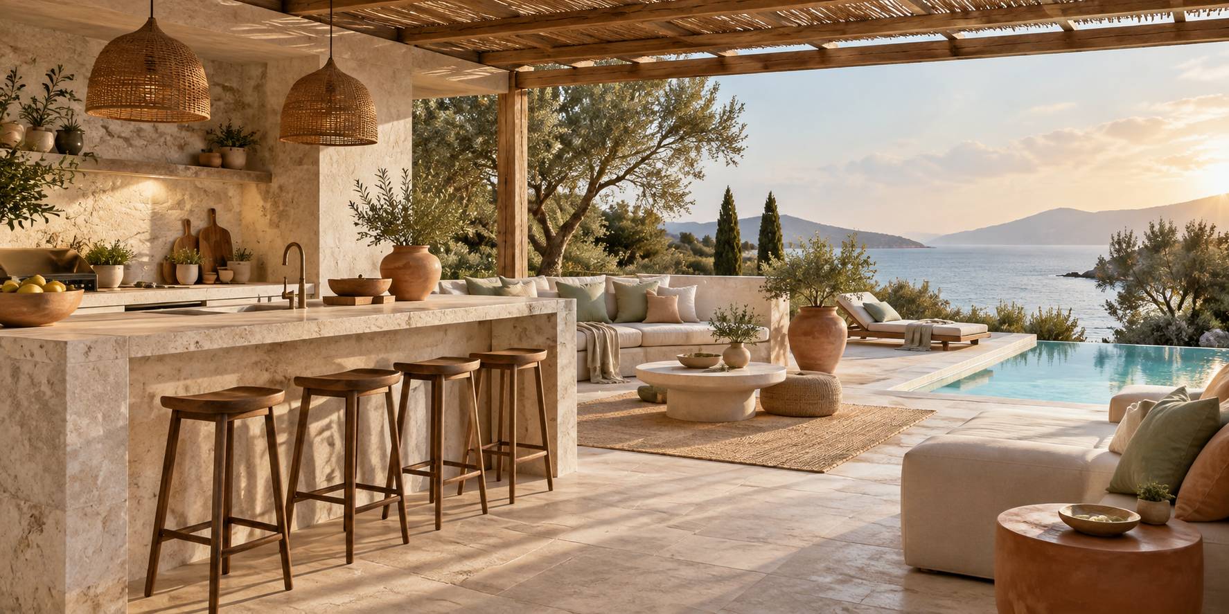 Pool house en bois clair au bord d'une piscine avec terrasse et chaises longues