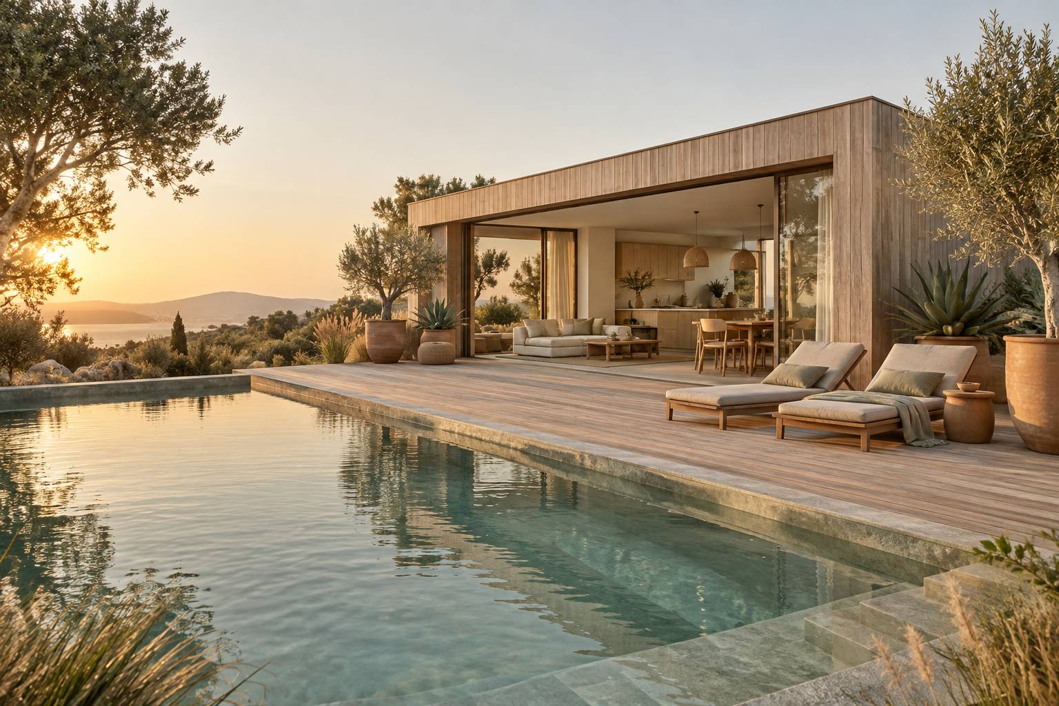 Pool house en bois clair au bord d'une piscine avec terrasse et chaises longues