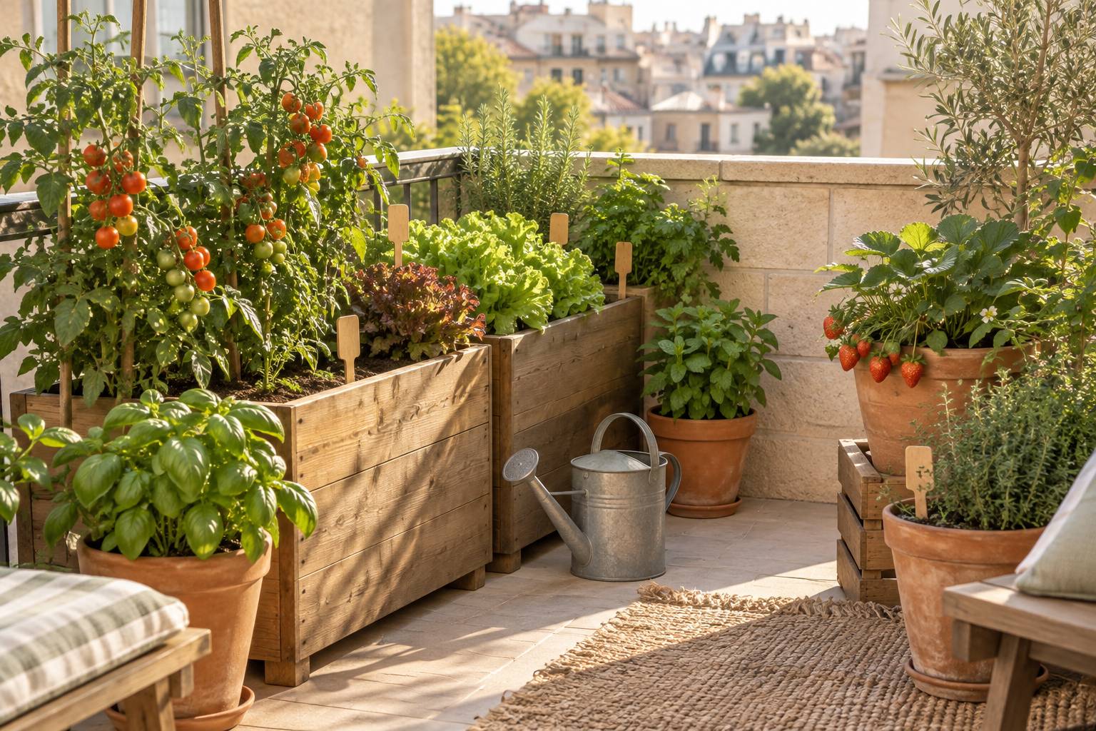 Balcon urbain aménagé en potager avec bacs en bois, tomates et herbes aromatiques au soleil