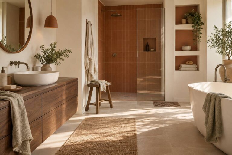 Quand la salle de bains se pare de terracotta et de blanc avec élégance