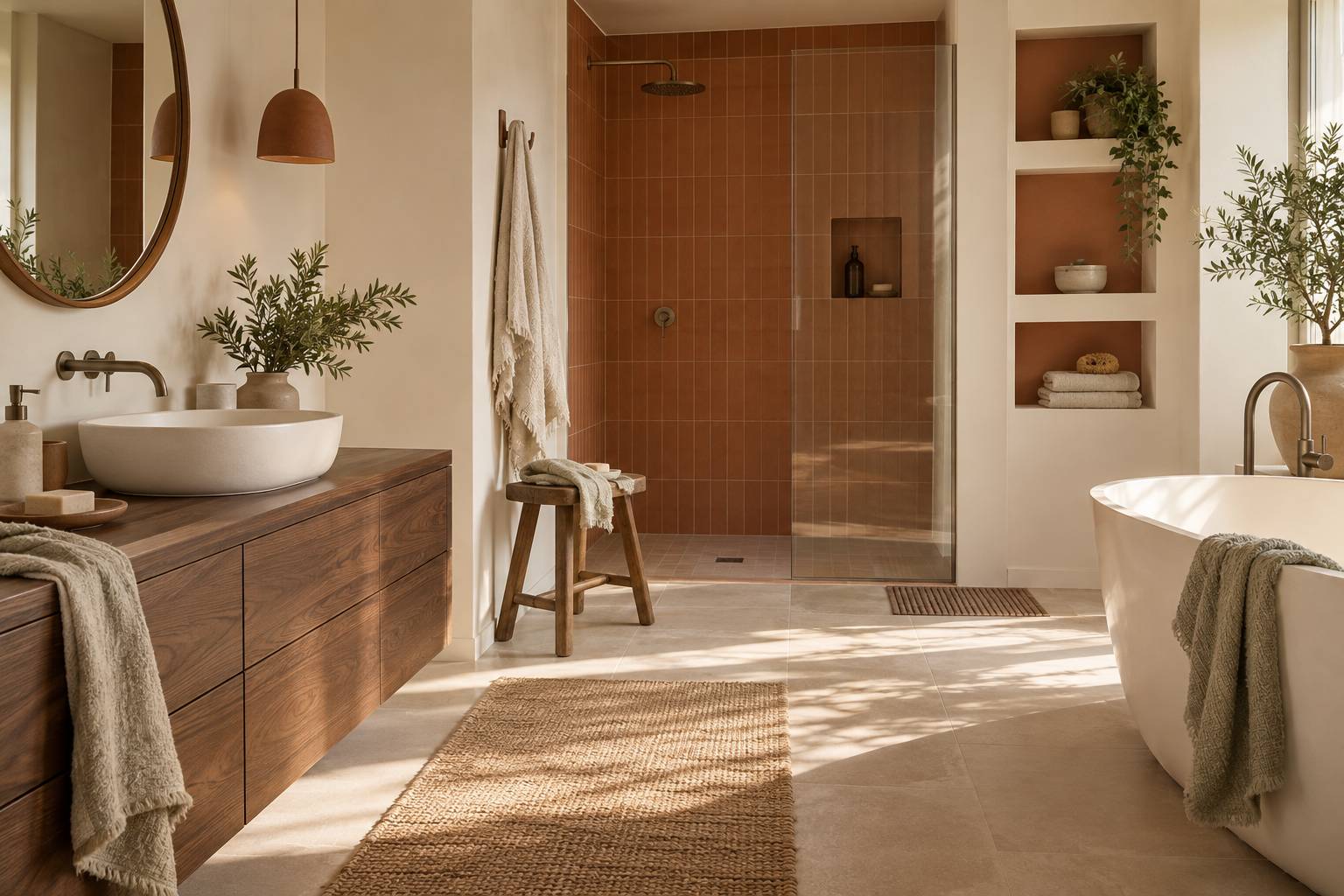 Illustration éditoriale du sujet : Quand la salle de bains se pare de terracotta et de blanc avec élégance
