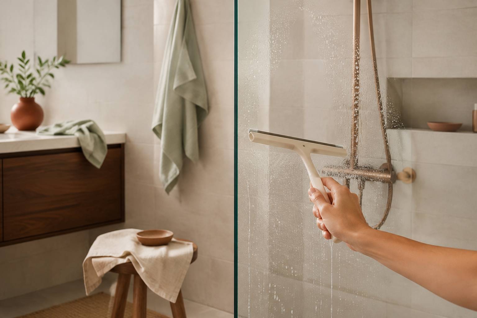 Main passant une raclette sur une paroi de douche en verre avec des gouttes d'eau