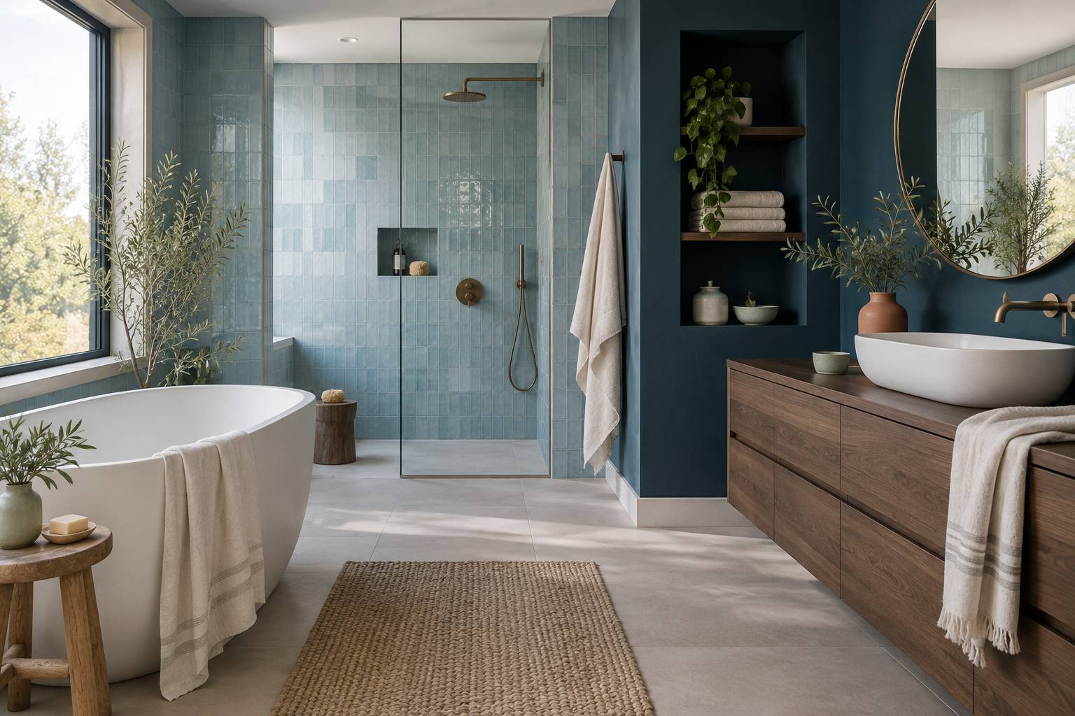 Illustration éditoriale du sujet : Salle de bains en bleu : 20 teintes pour créer l'ambiance parfaite