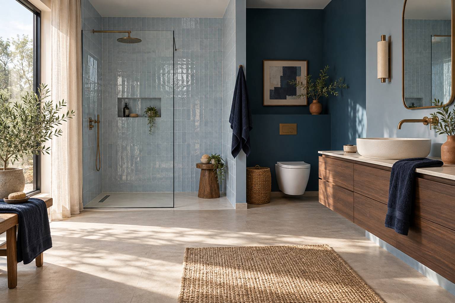 Illustration éditoriale du sujet : Salle de bains en bleu : 20 teintes pour créer l'ambiance parfaite
