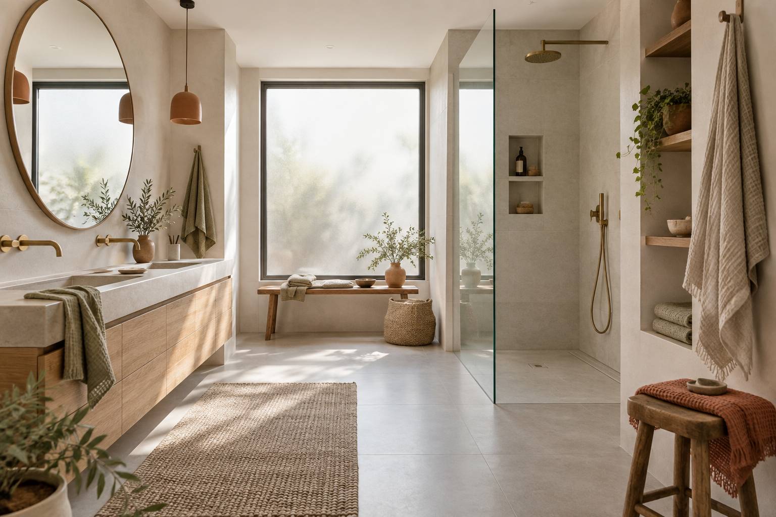 Salle de bains moderne lumineuse avec douche à l'italienne et vasque