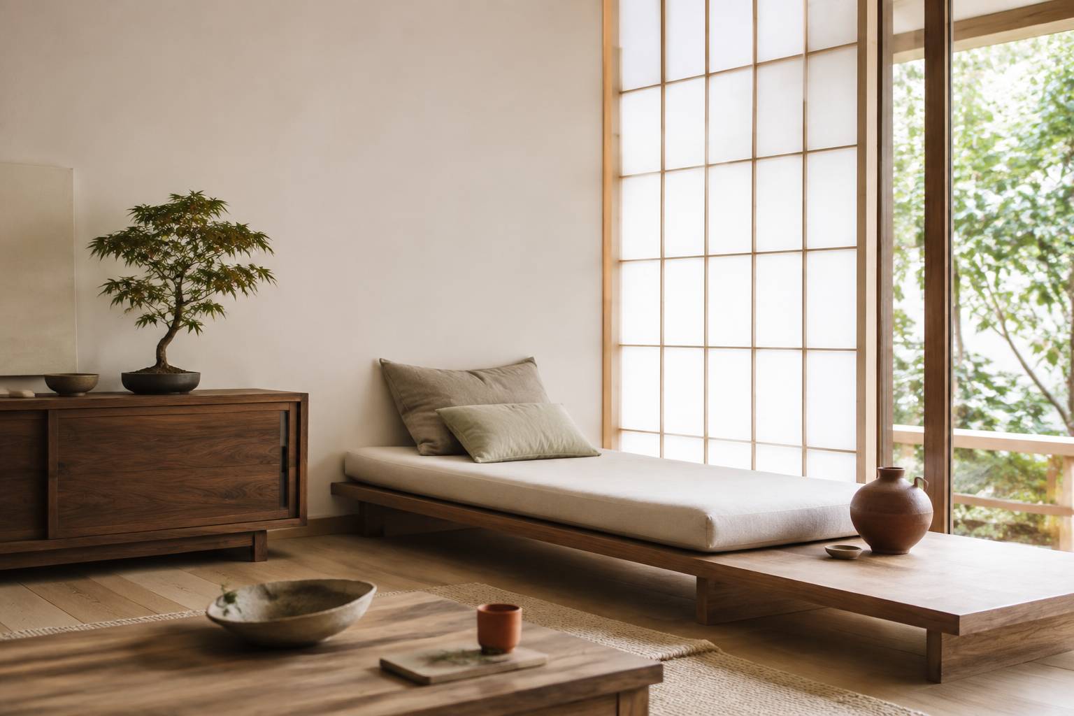 Salon japonais épuré avec paravent shoji et banquette basse en bois clair