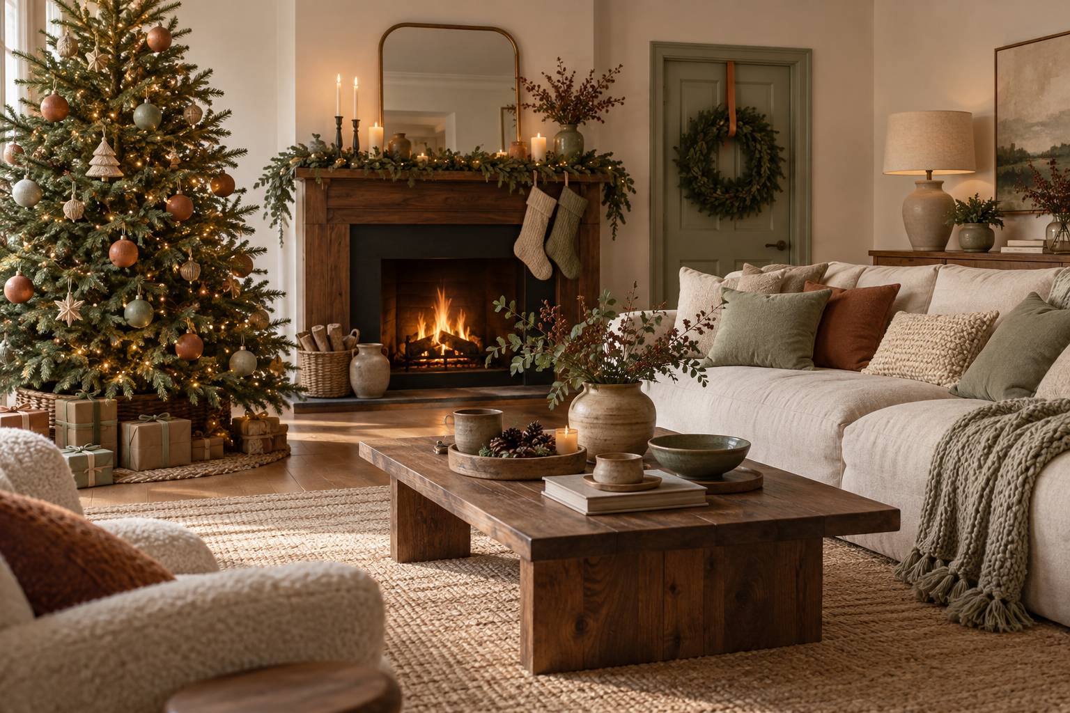 Salon chaleureux décoré pour Noël avec sapin, guirlandes et cheminée
