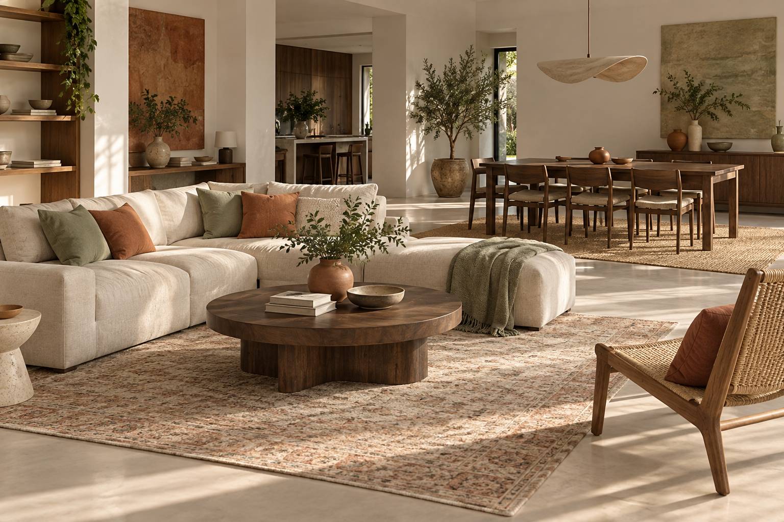 Pièce de vie ouverte avec canapé, tapis et table à manger en bois