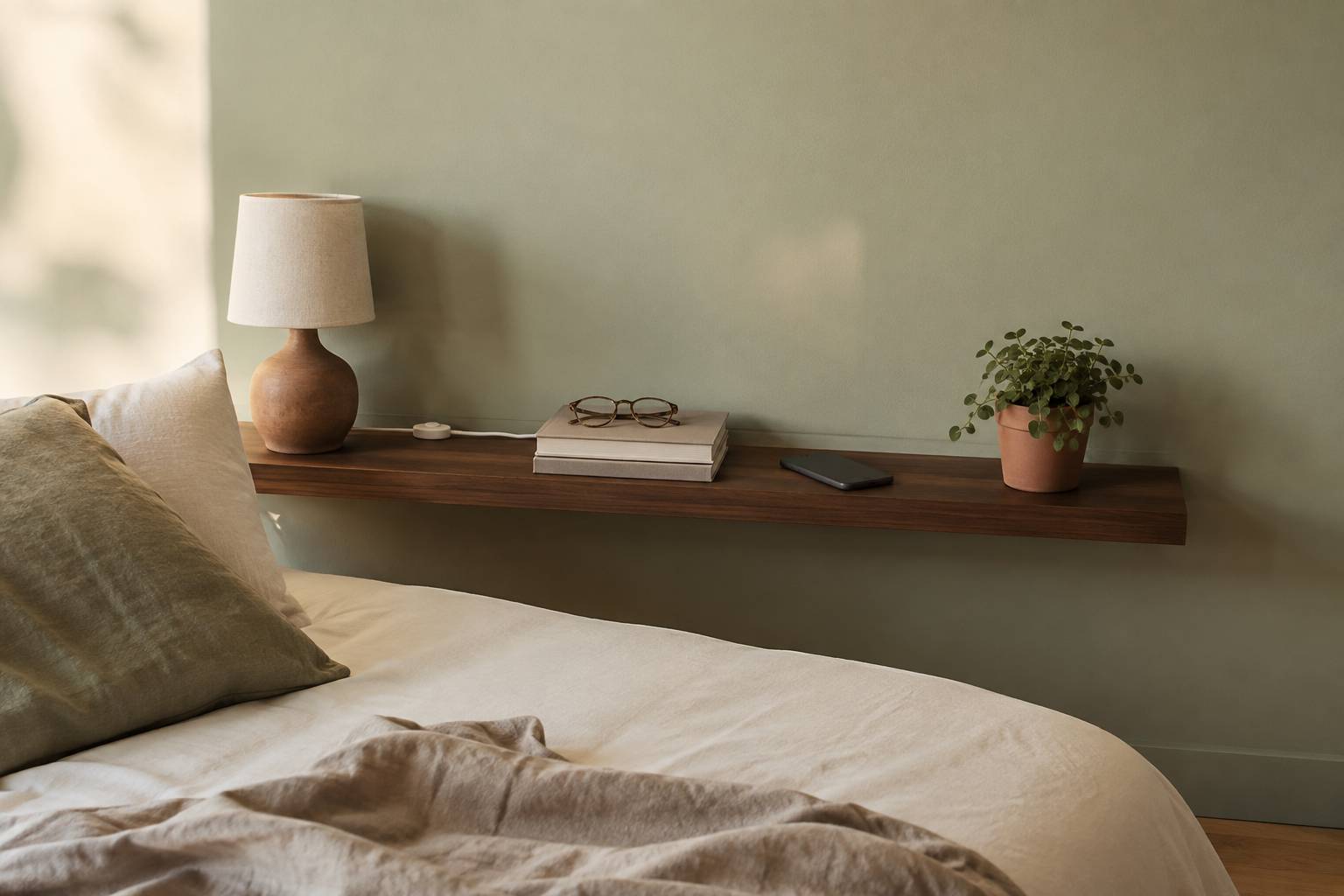 Tablette murale en bois au-dessus du lit avec lampe en lin, livres, lunettes et petite plante en pot