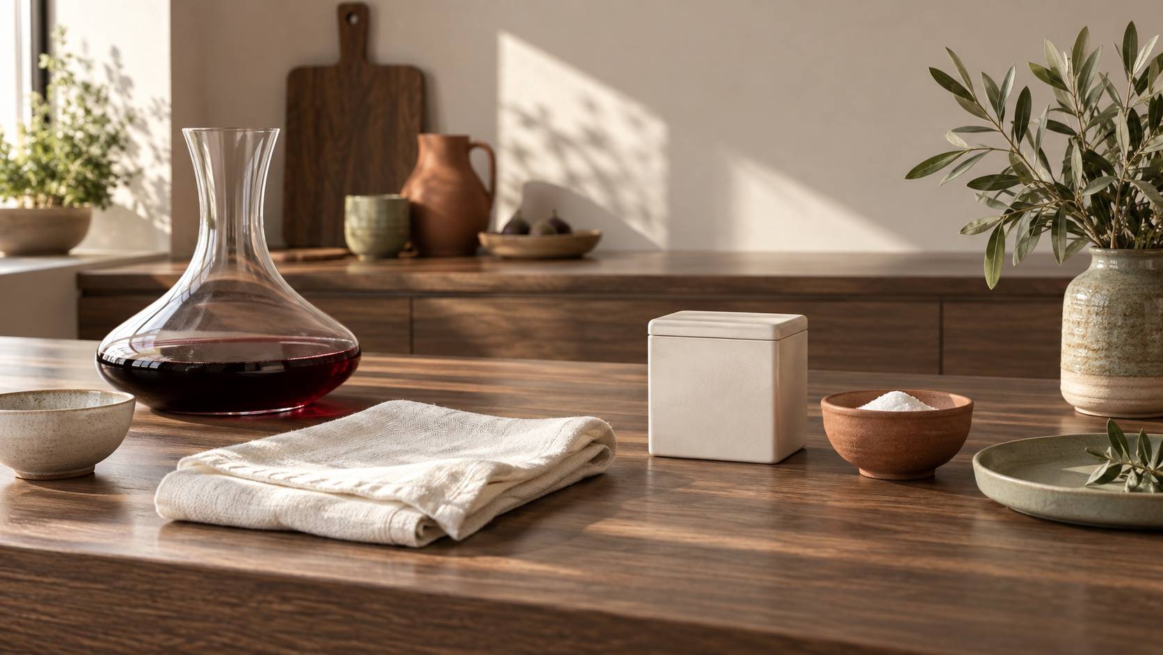Plan de travail avec carafe de vin rouge et tissu blanc plie