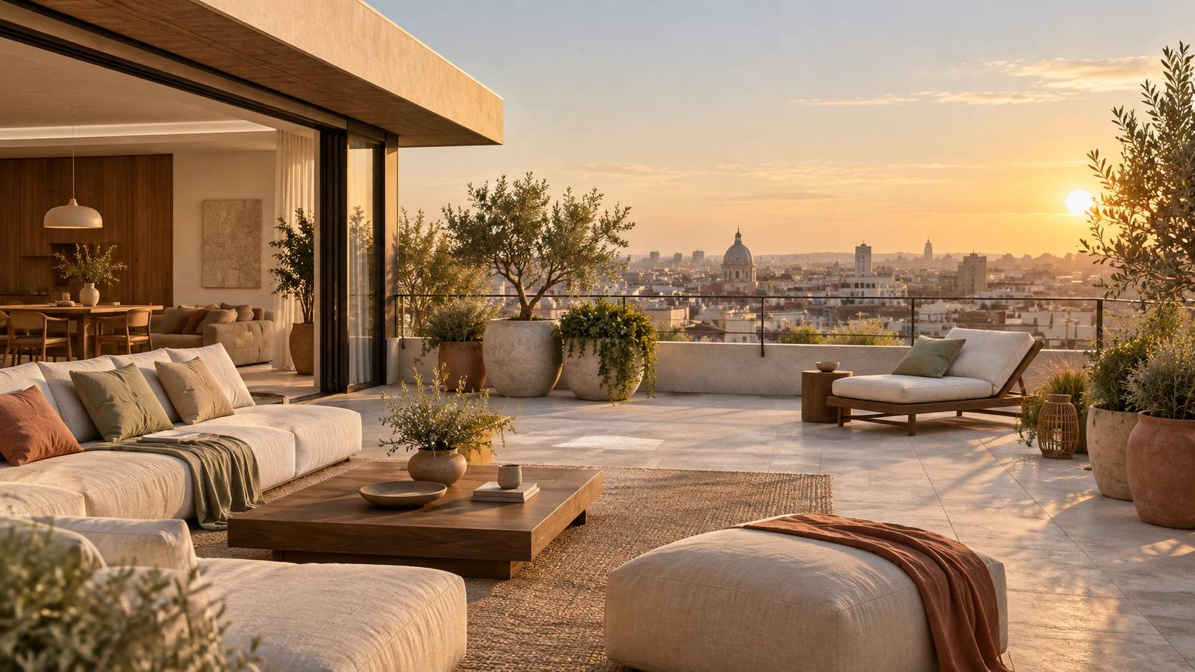 Terrasse d'attique au dernier étage surplombant les toits de la ville