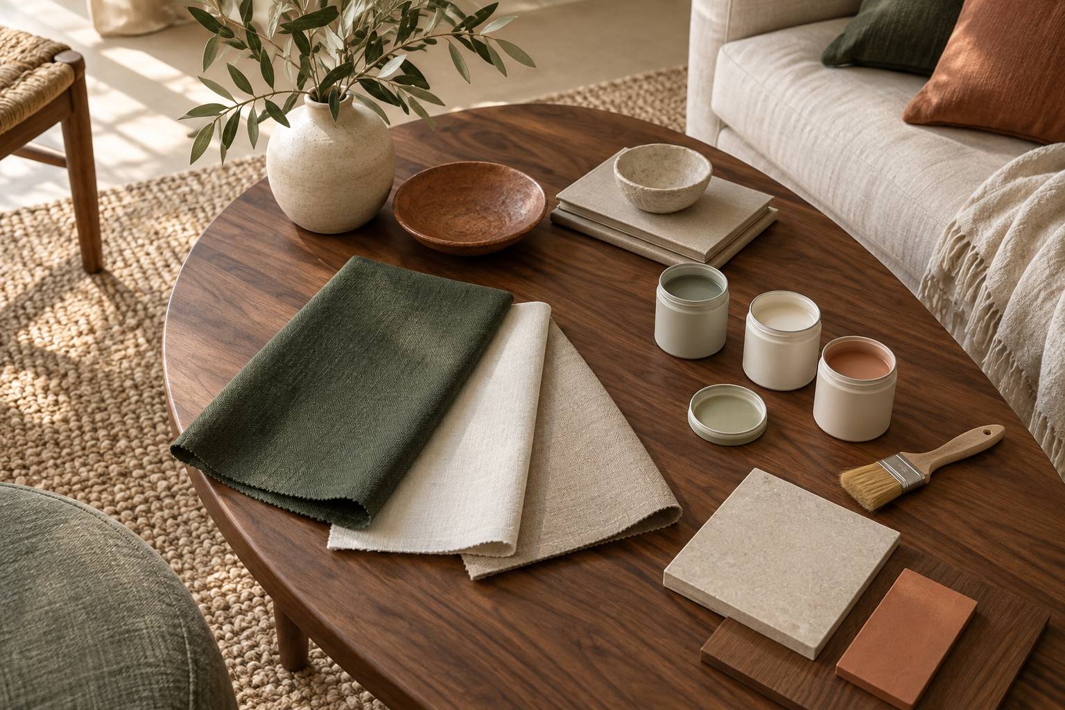 Echantillons de tissus vert sapin, ivoire et beige en eventail sur une table