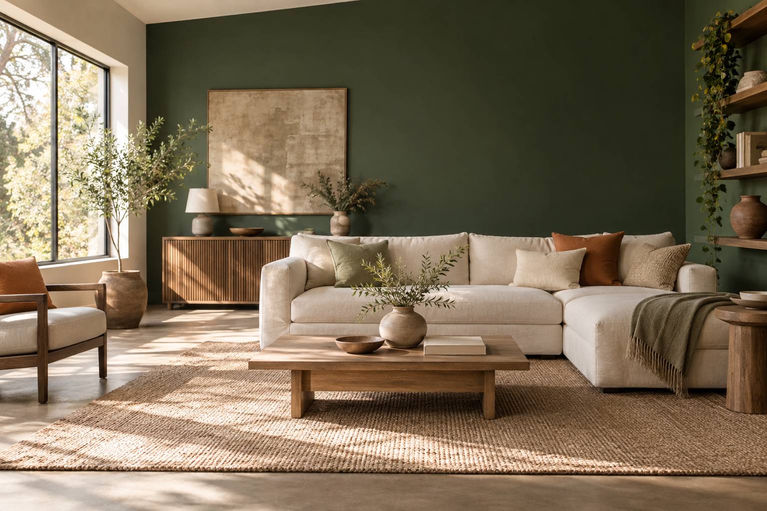 Mur vert sapin et canape en lin clair dans un salon lumineux