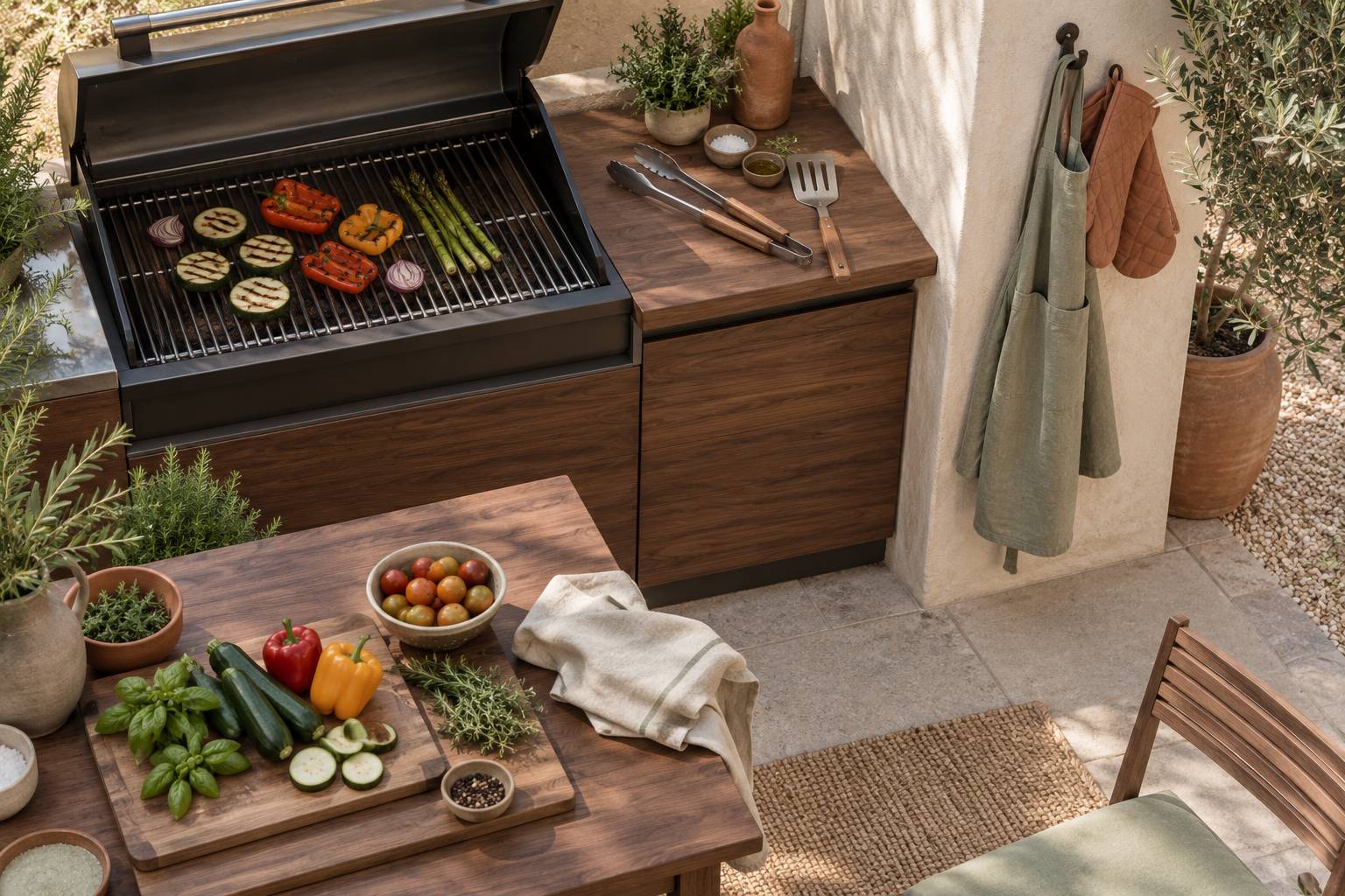 Barbecue extérieur avec ustensiles, gants et planche de préparation