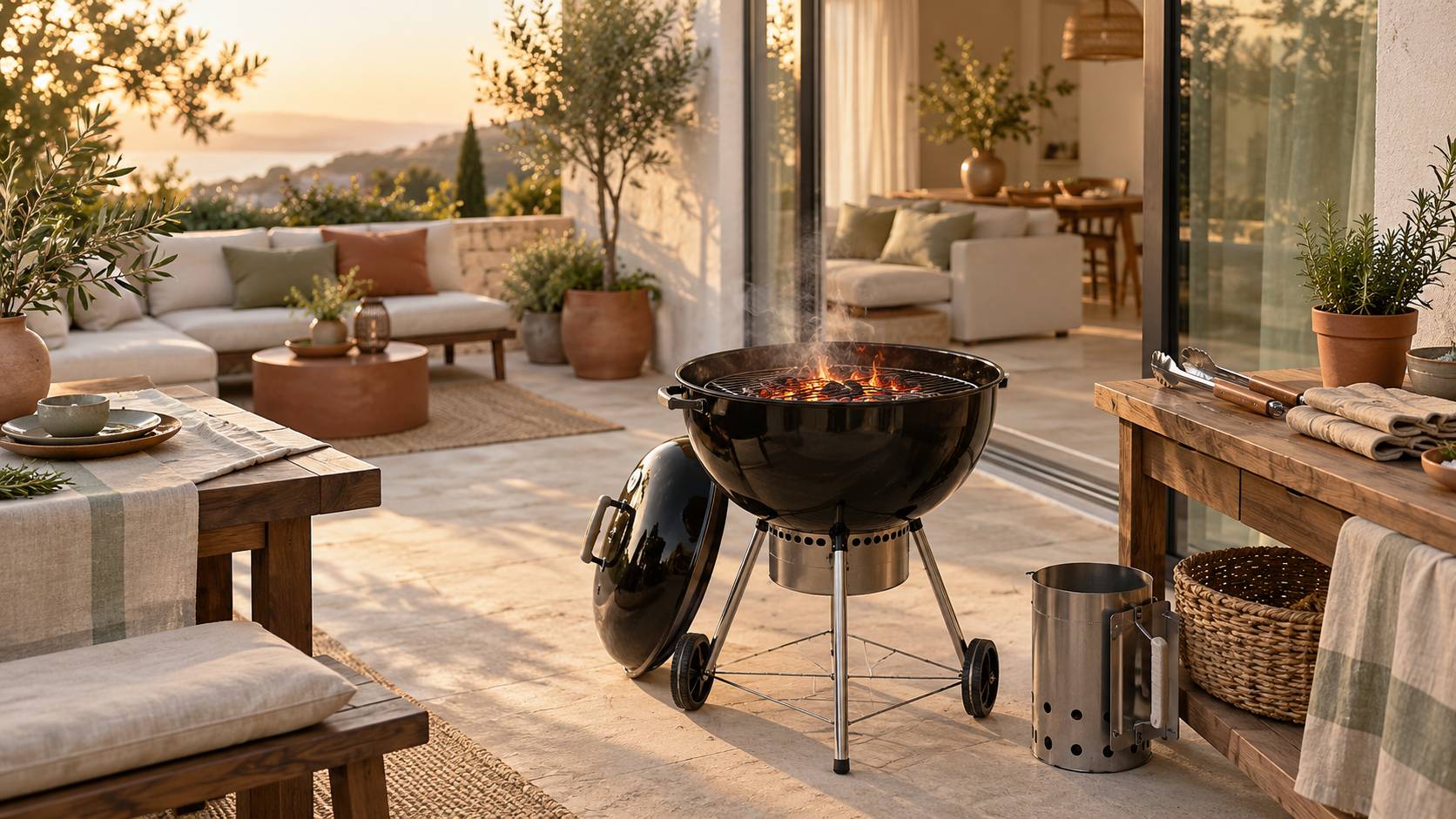 Barbecue à charbon avec braises et cheminée d'allumage à proximité