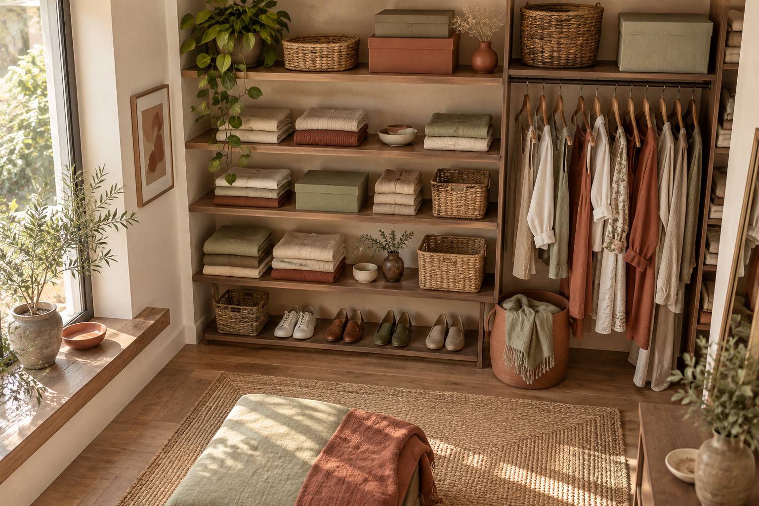 Niche de rangement avec vêtements pliés et boîtes alignées
