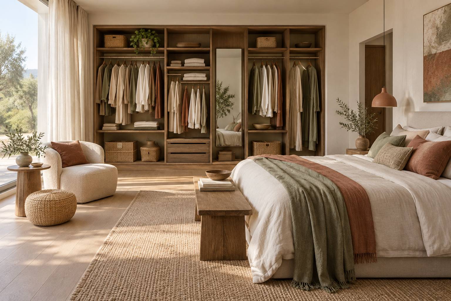 Dressing intégré à une chambre avec penderies ouvertes et paniers en osier