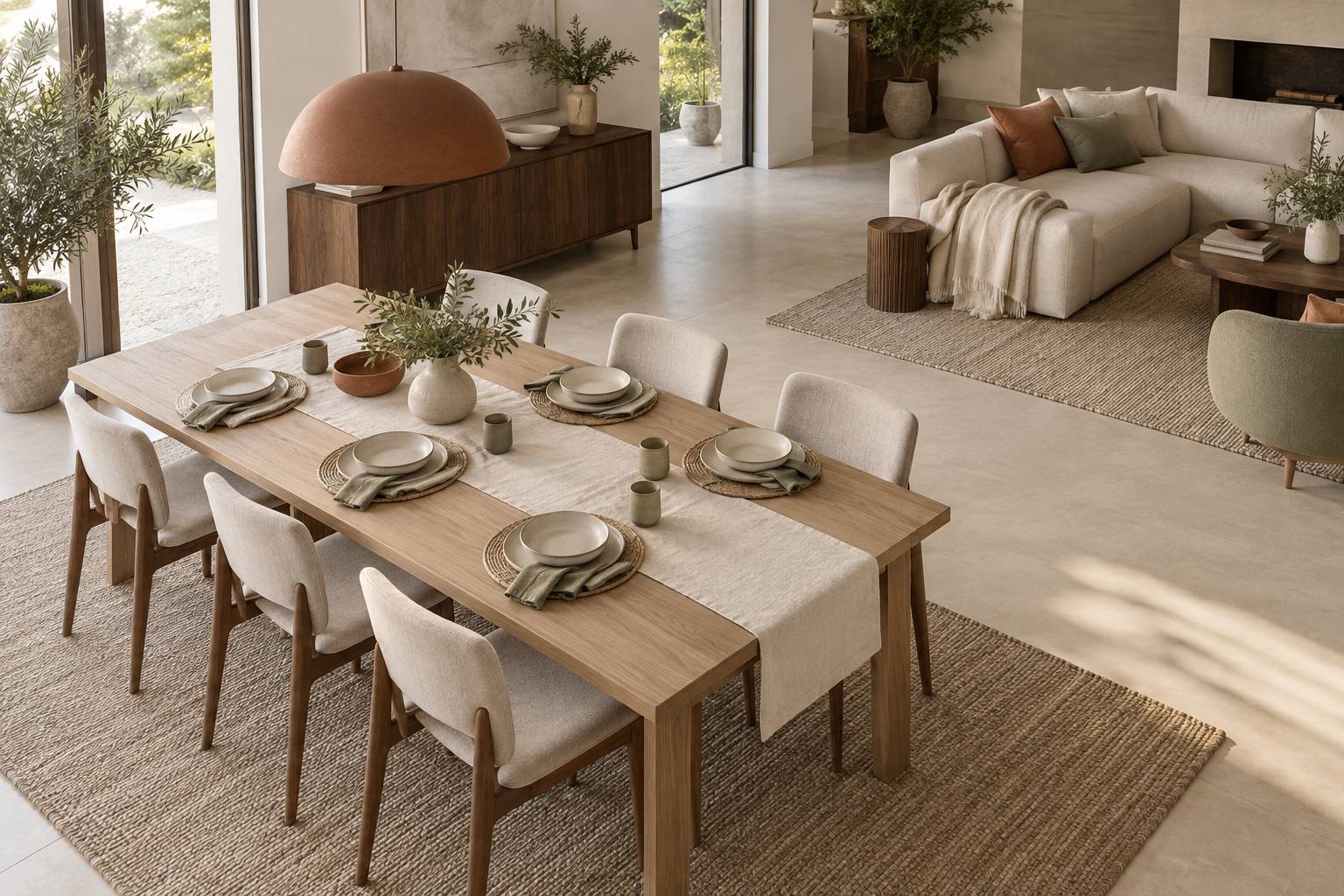 Coin repas integre avec table en bois clair et suspension centree dans un sejour