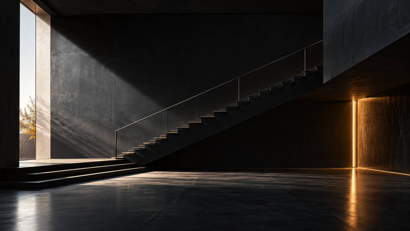 Intérieur architectural aux volumes noirs avec escalier fin et lumière rasante contrastée