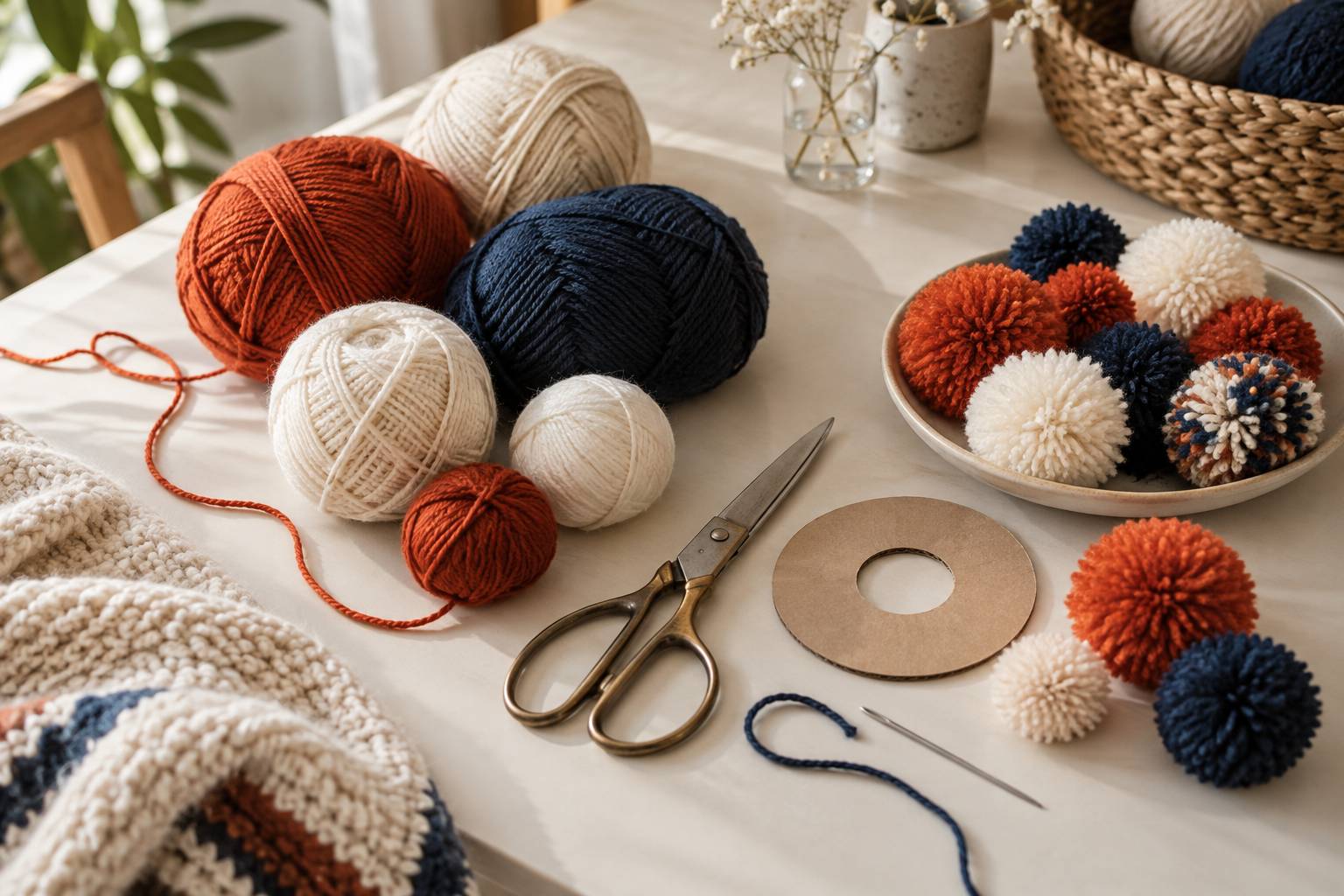 Table claire avec pelotes de laine, pompons termines et gabarit en carton