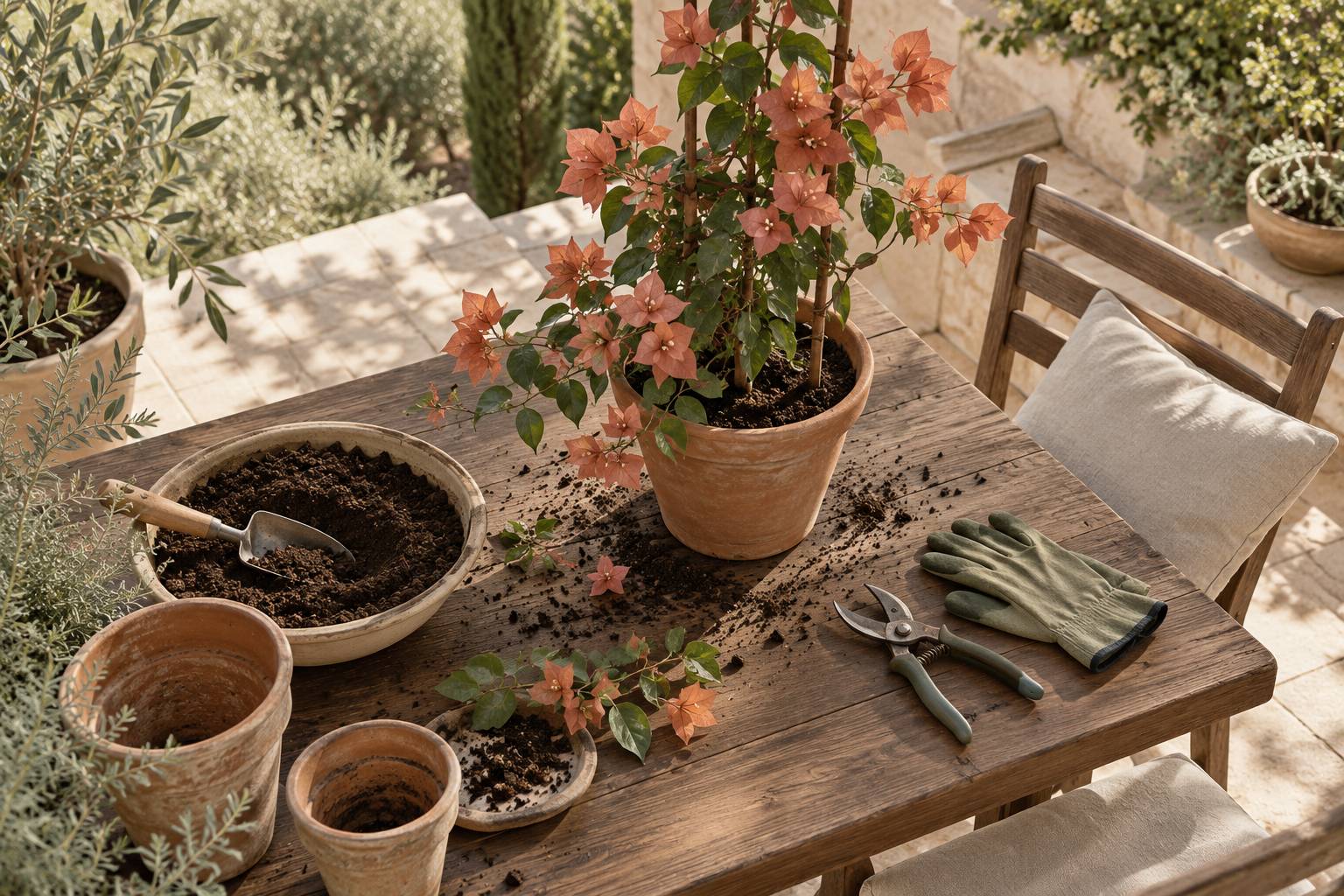 Jeune plante grimpante en pot avec sécateur et gants de jardinage