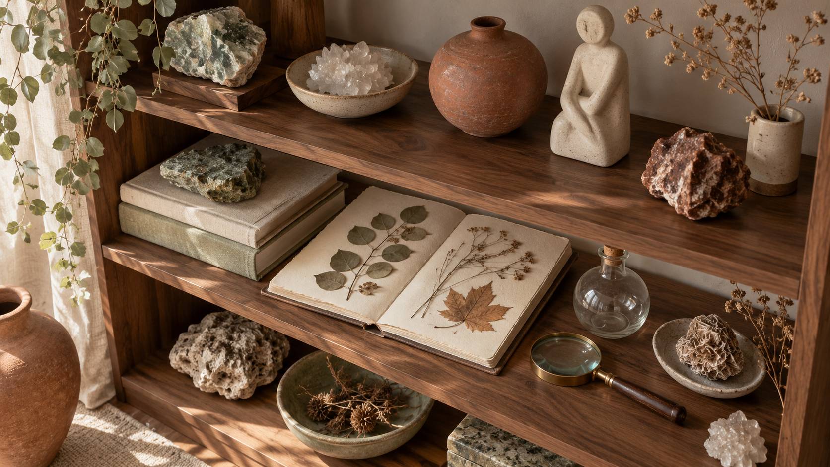 Etagere avec mineraux, herbier et fiole de verre d'un cabinet de curiosites