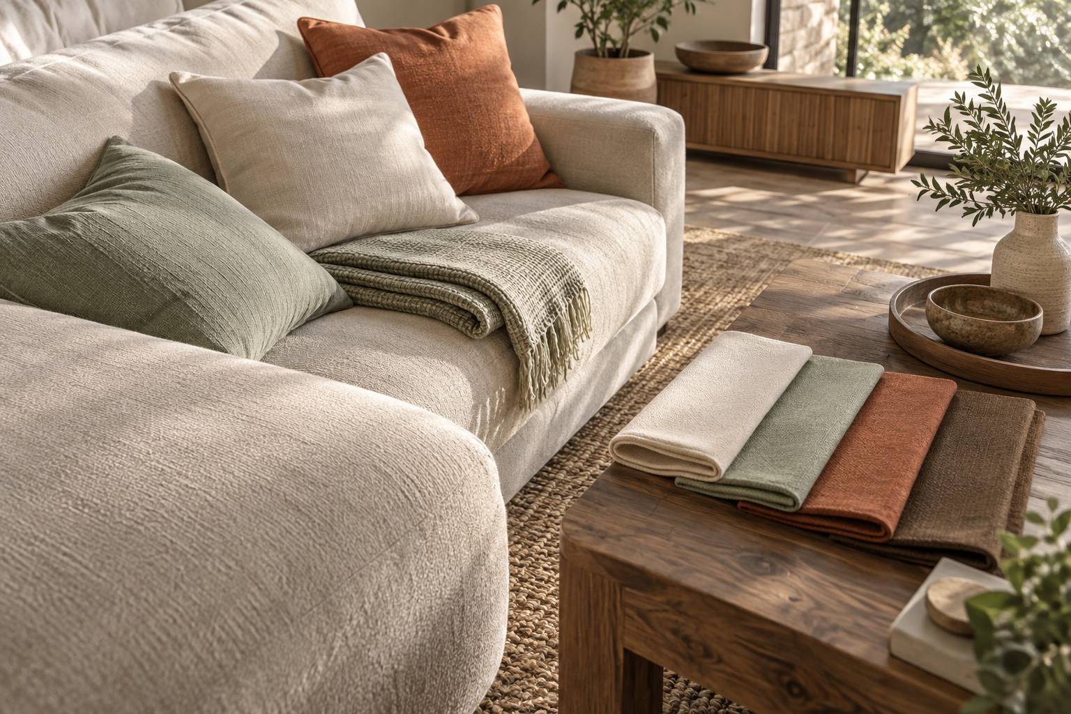 Texture de microfibre avec coussins, plaid et echantillons de tissus