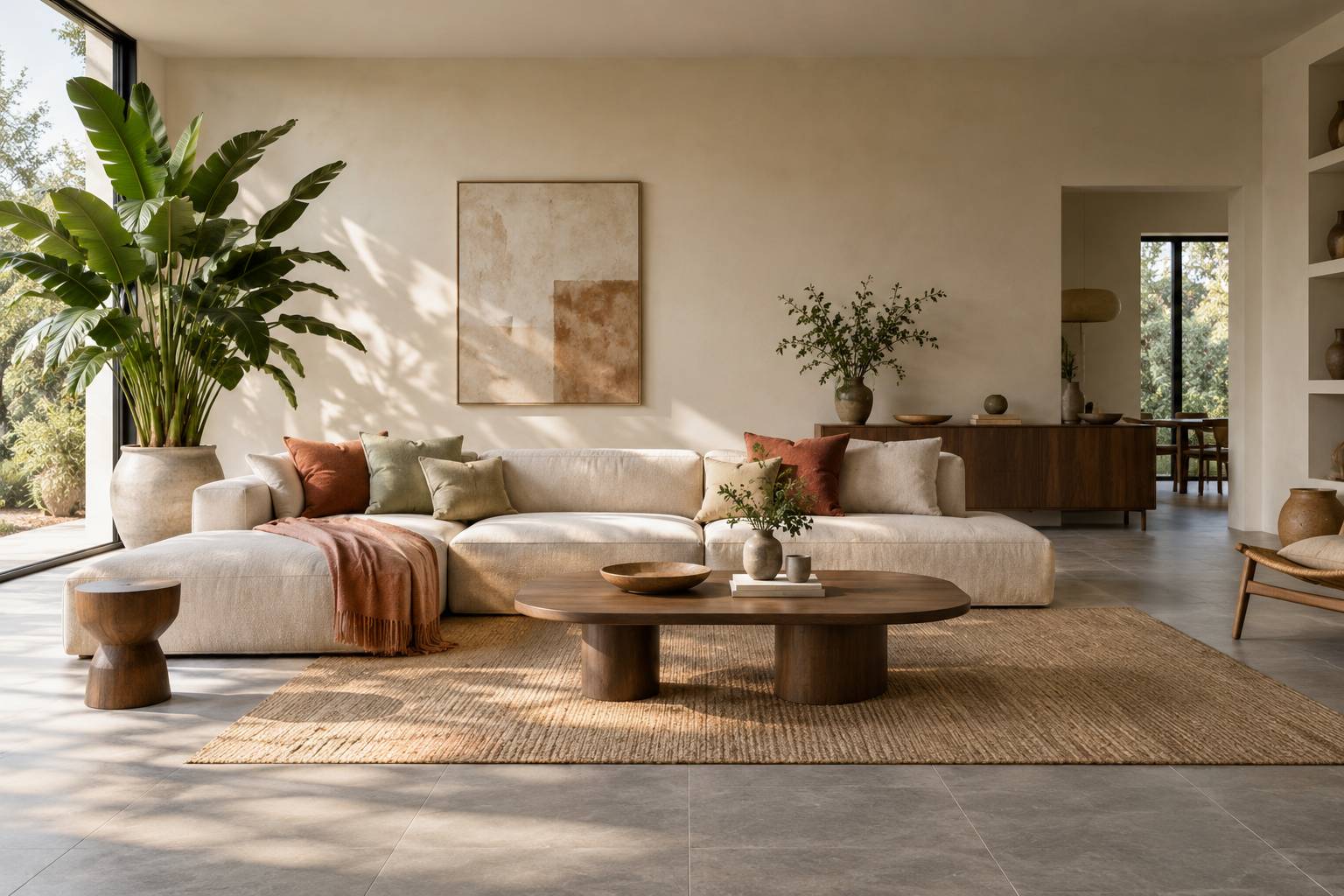 Sejour contemporain avec carrelage gris, canape en lin et coussins terracotta
