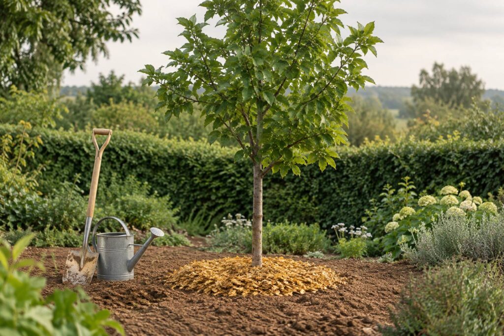 Jeune arbre fraîchement planté avec bêche et arrosoir dans un jardin de campagne
